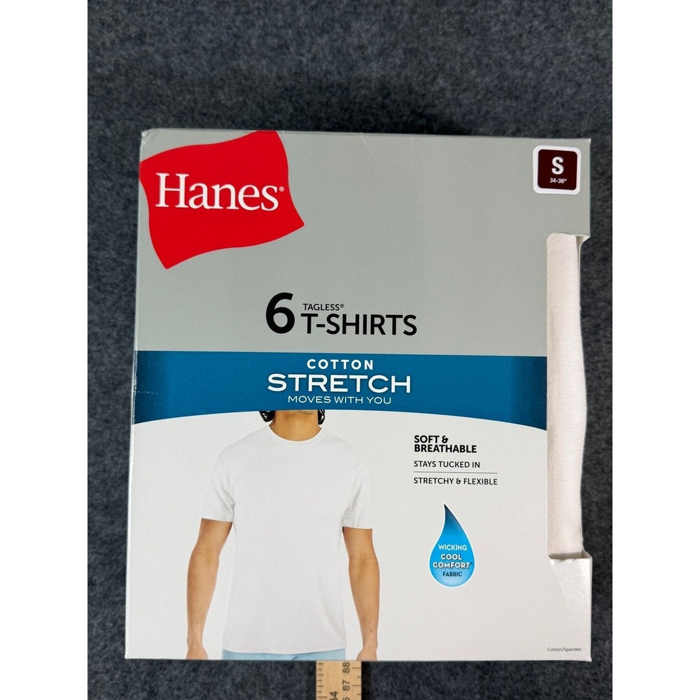 Hanes T-Shirts Mens Small White New 6-Pack Cotton Stretch Tagless Crew Neck